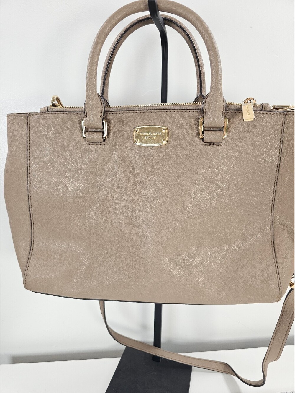 Michael Kors Beige Saffiano Leather Satchel Bag with Gold Hardware